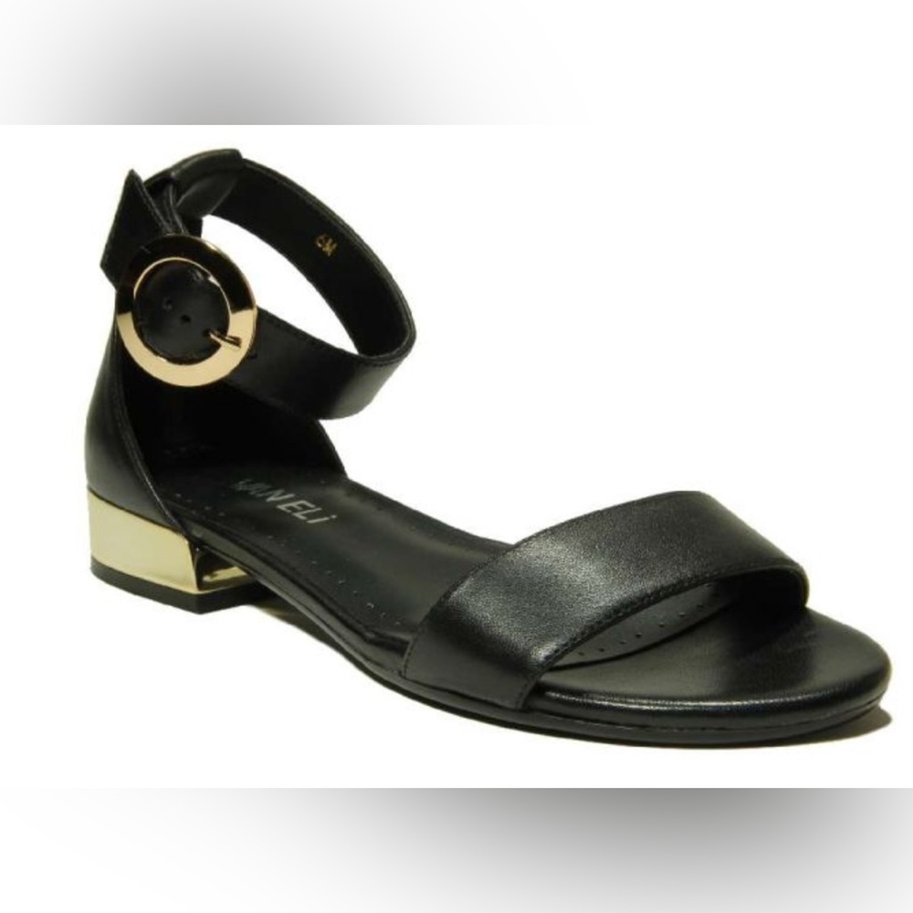 Vaneli Black Leather Ankle-Strap Sandals with Gold Buckle